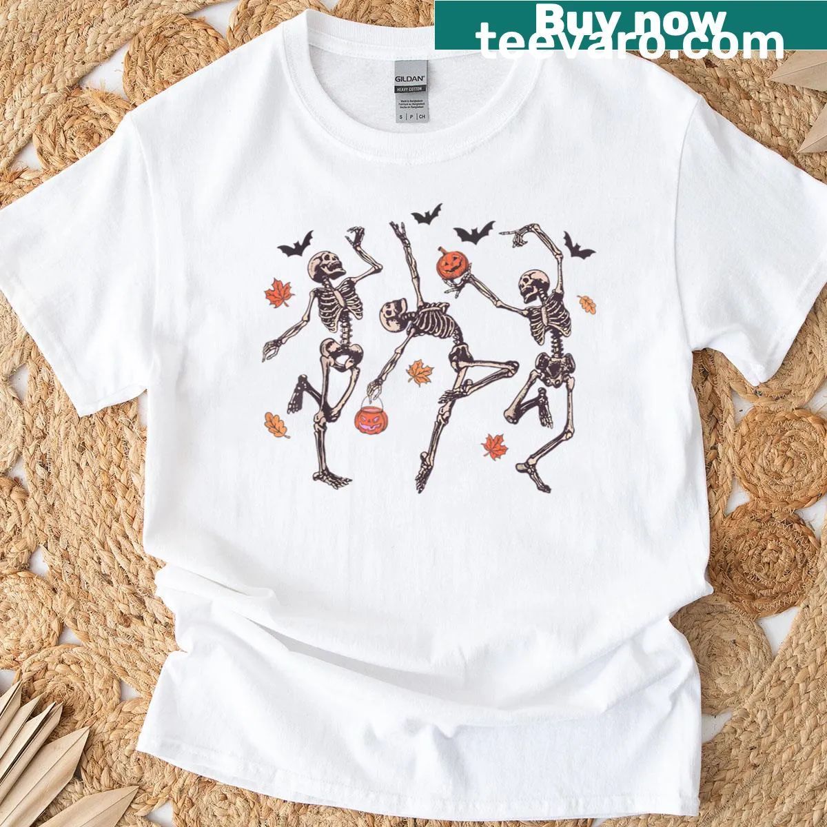 Whimsical dancing skeleton with pumpkin illustration for Halloween. — on a men's t-shirt