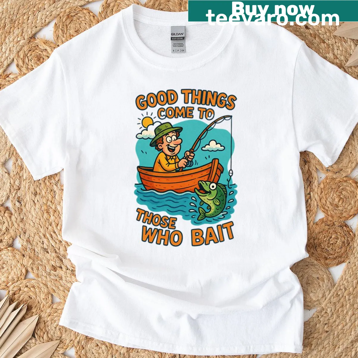 Funny fishing-themed t-shirt with the saying about bait — on a men's t-shirt