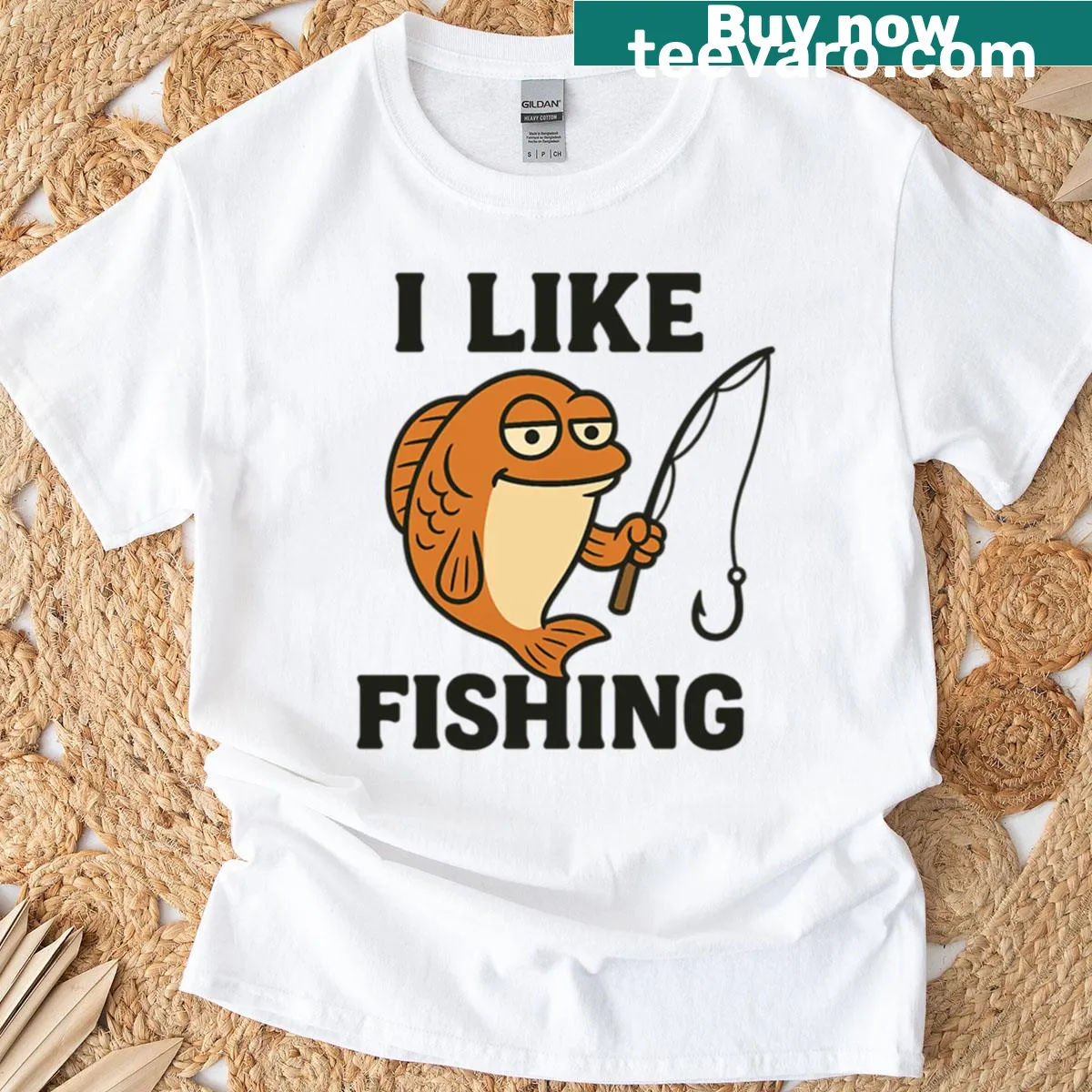 Cartoon fish with rod graphic on a humorous fishing t-shirt — on a men's t-shirt