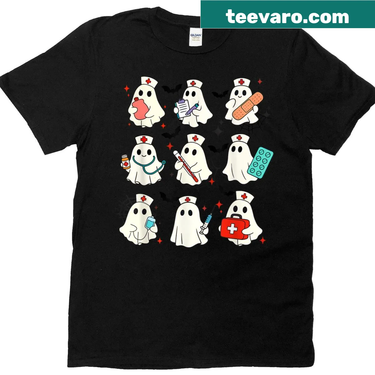 Cartoon ghost in nurse attire with 'Boo' text for Halloween — on a men's t-shirt