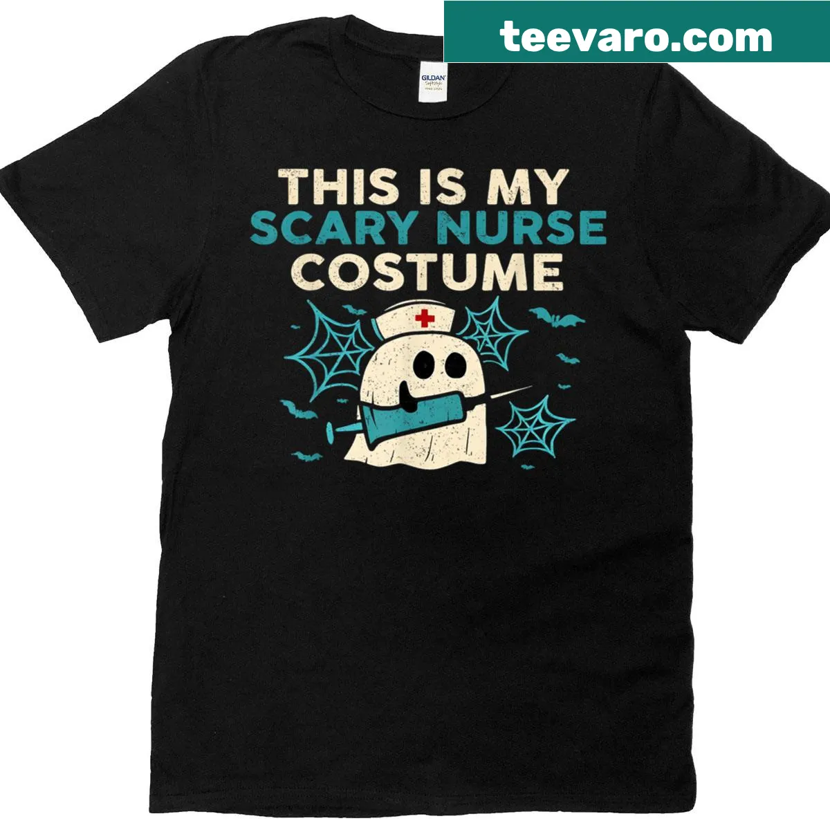 T-shirt featuring a ghost nurse graphic with spiderweb designs for Halloween — on a men's t-shirt