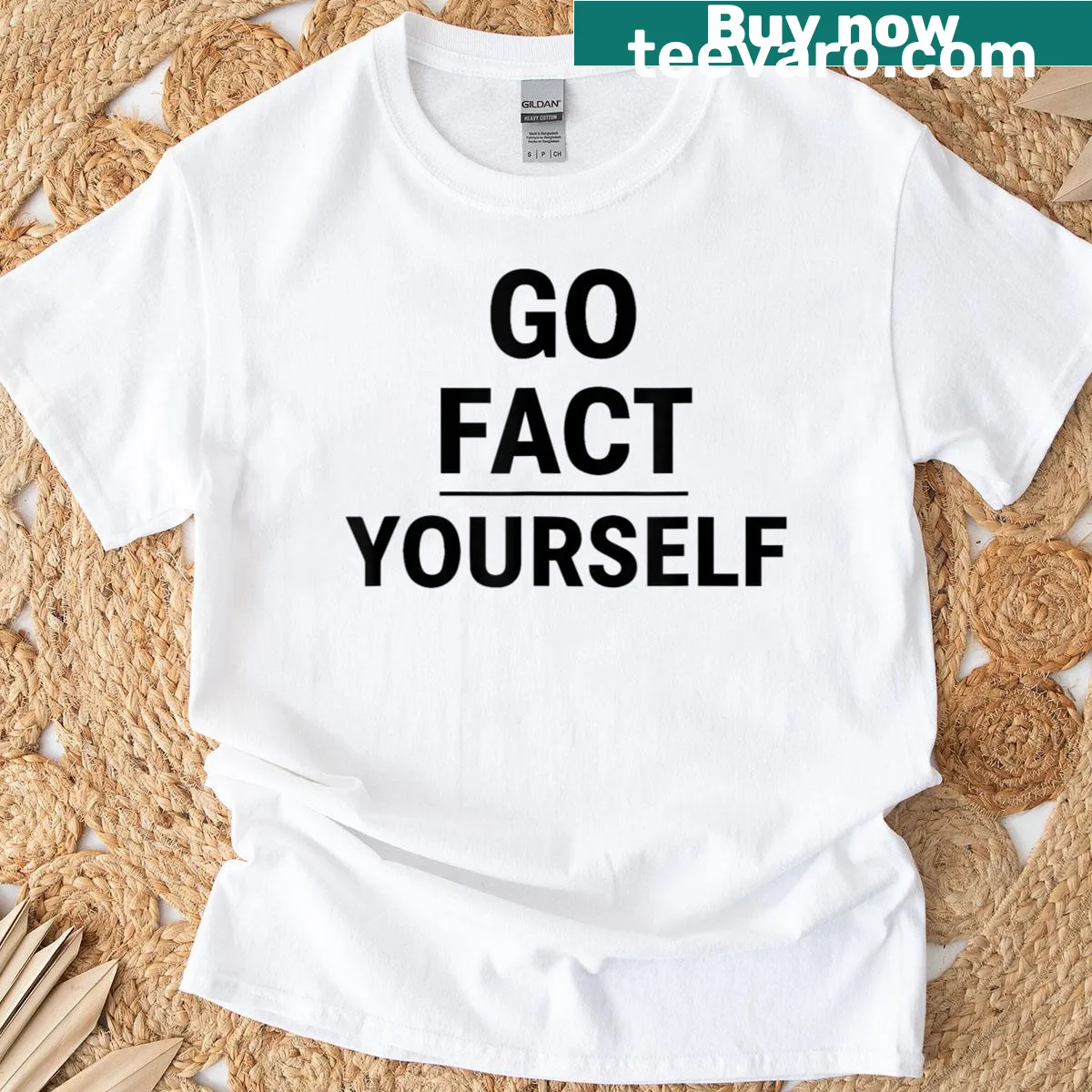 Humorous science-themed 'Go Fact Yourself' graphic t-shirt — on a men's t-shirt