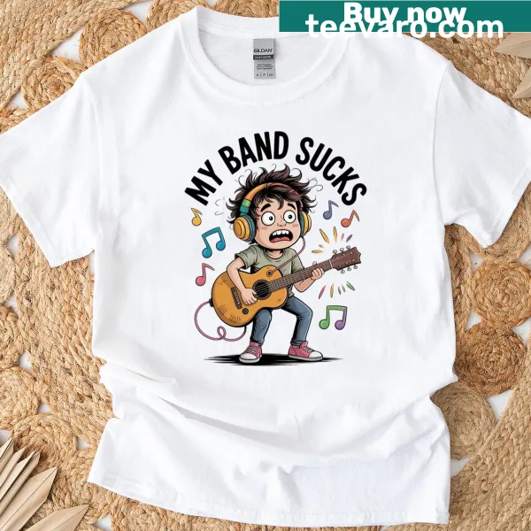 Witty guitar joke graphic on humor music t-shirt