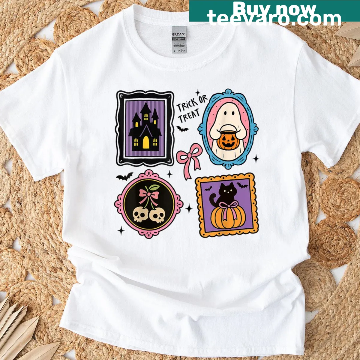 Cute ghost cat with pumpkins in a Halloween frame on a T-shirt — on a men's t-shirt