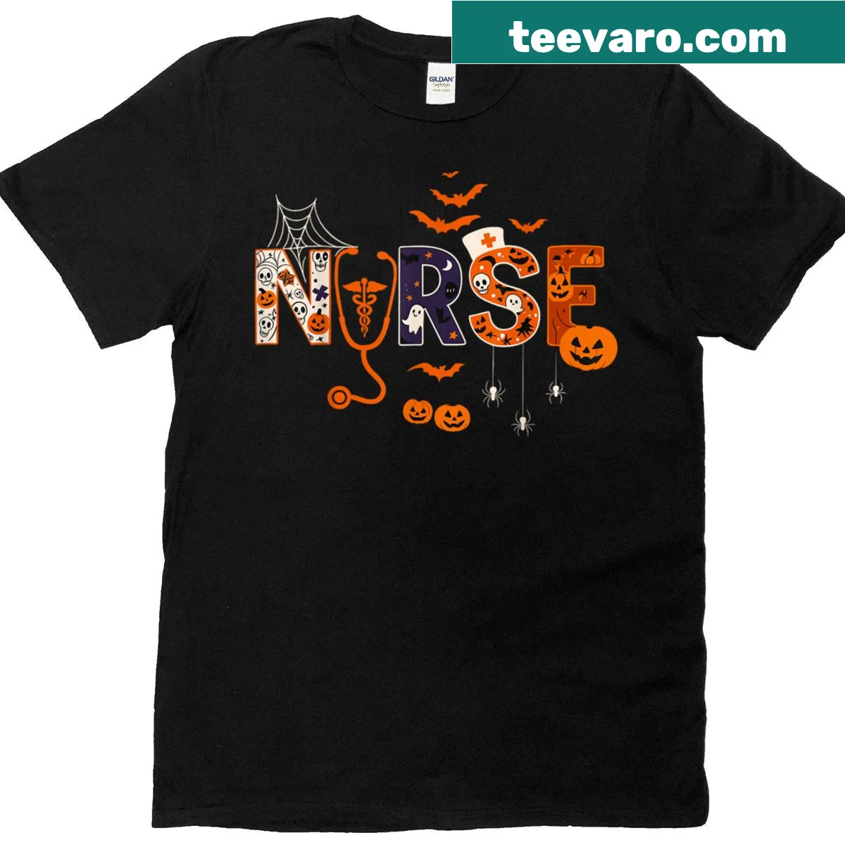 Whimsical Halloween-themed T-shirt for nurses featuring skeleton and pumpkin — on a men's t-shirt