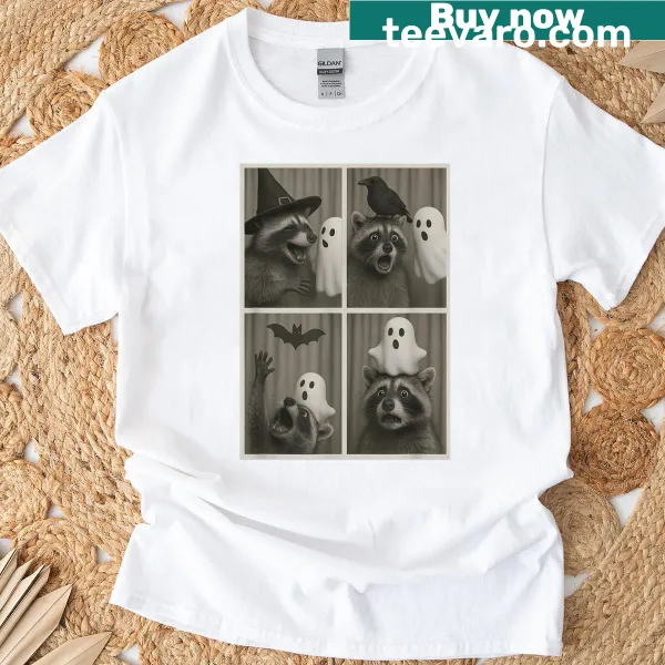 T-shirt featuring a funny raccoon graphic for Halloween parties.