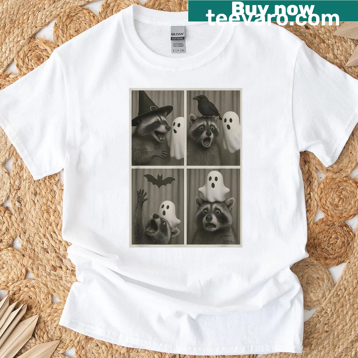 T-shirt featuring a funny raccoon graphic for Halloween parties. — on a men's t-shirt