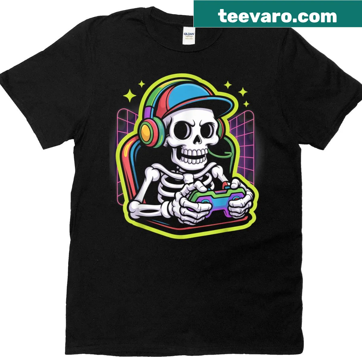 Playful skeleton gaming design on a Halloween-themed shirt. — on a men's t-shirt