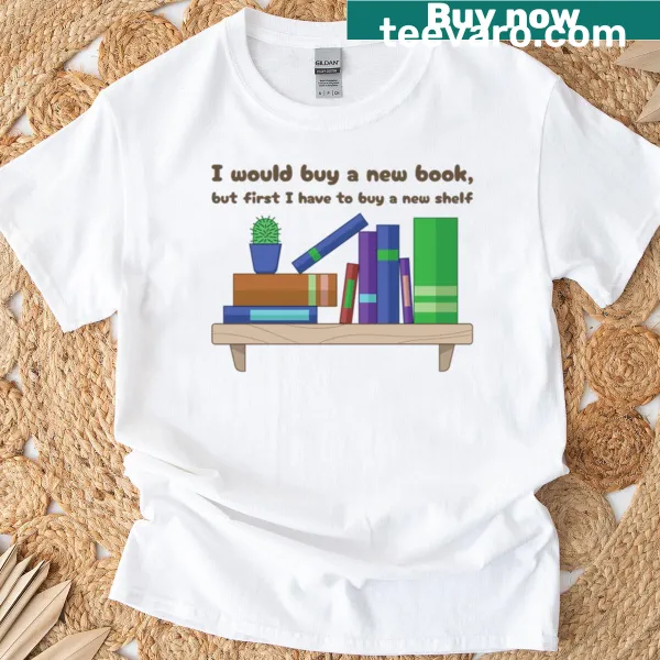 Illustrated bookshelf filled with quirky books on a T-shirt