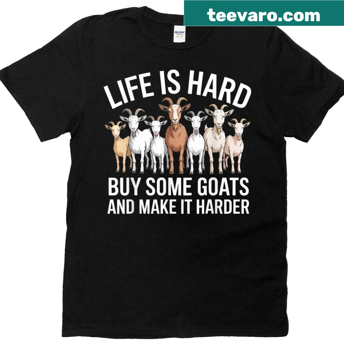 Funny typography t-shirt suggesting buying goats to cope with life. — on a men's t-shirt