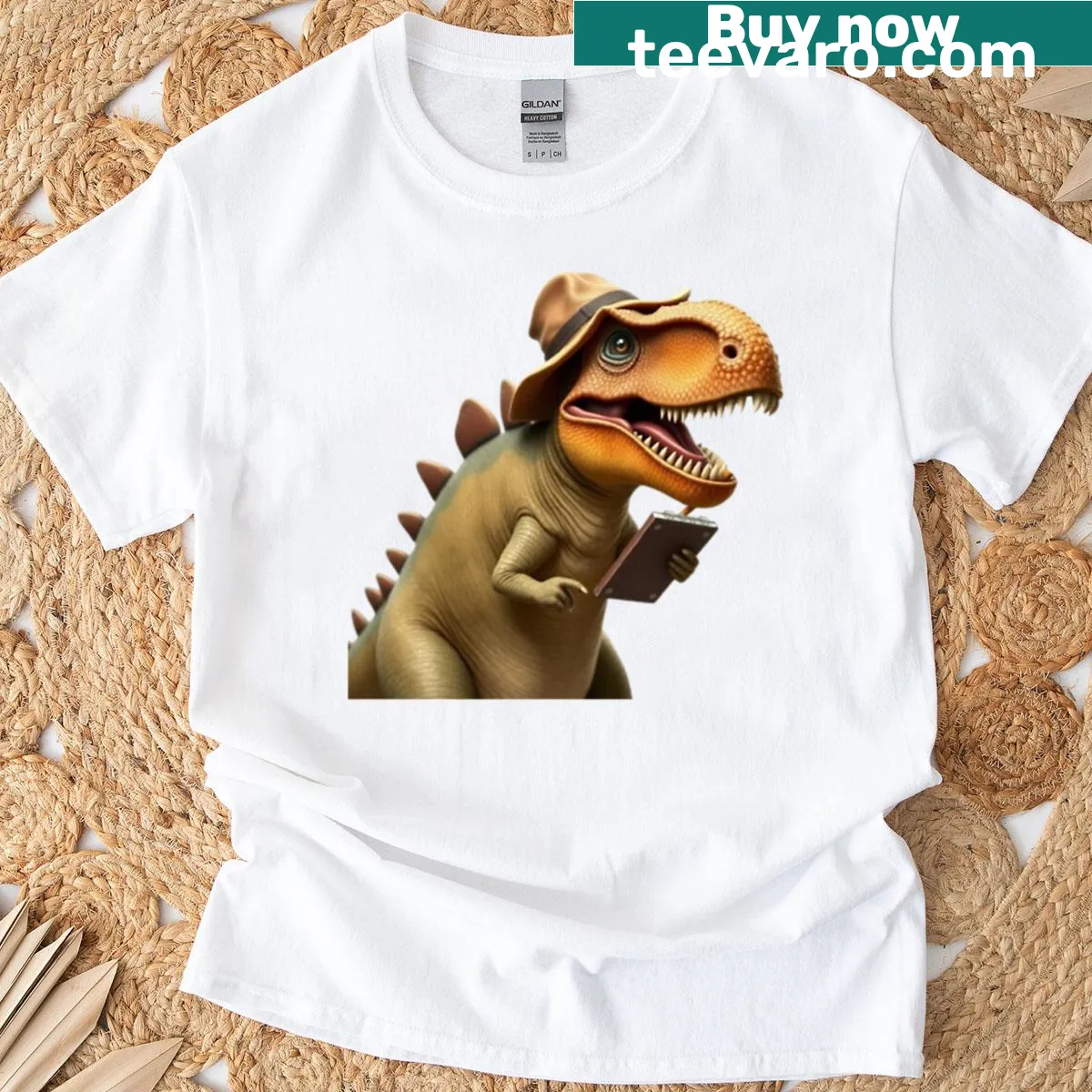 Cartoon-style dinosaur graphic T-shirt appealing to paleontology fans. — on a men's t-shirt