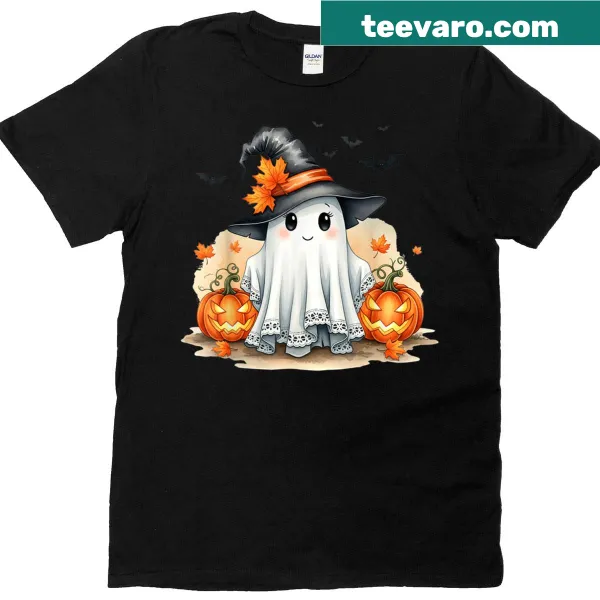 Retro T-shirt featuring a cute ghost and pumpkin for Halloween.