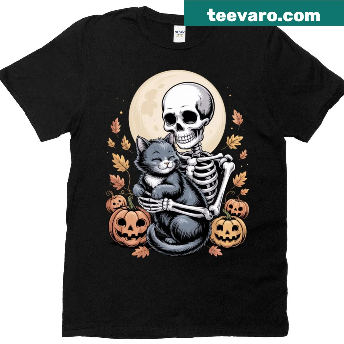 Skeleton hugging a cat graphic on a Halloween themed t-shirt — on a men's t-shirt