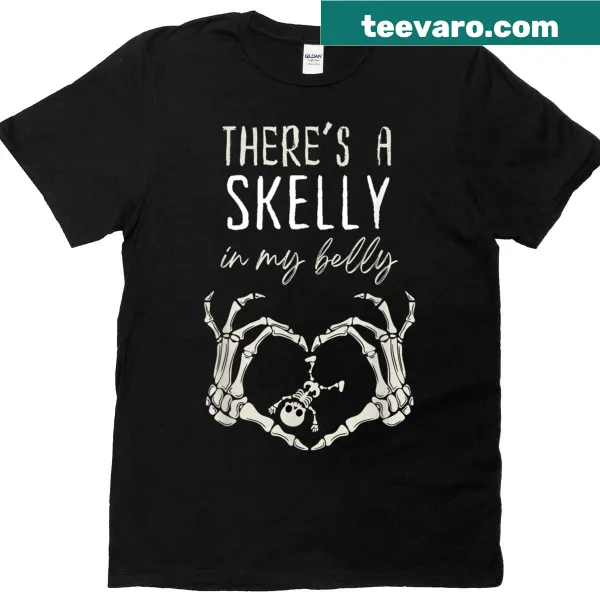 Pregnant Halloween T-shirt with a funny skeleton graphic.