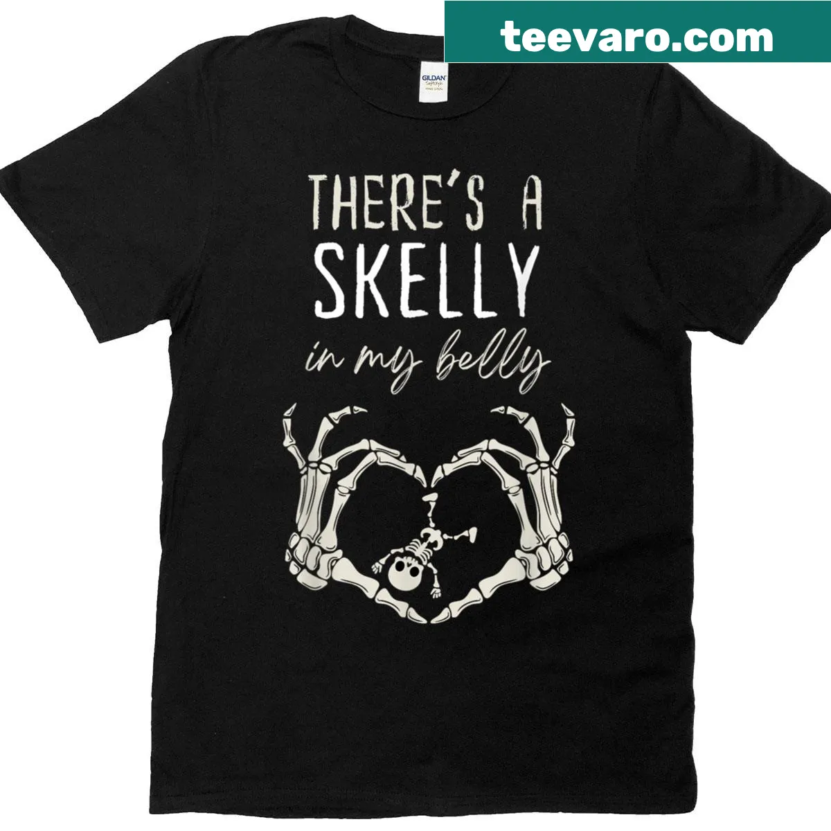 Pregnant Halloween T-shirt with a funny skeleton graphic. — on a men's t-shirt