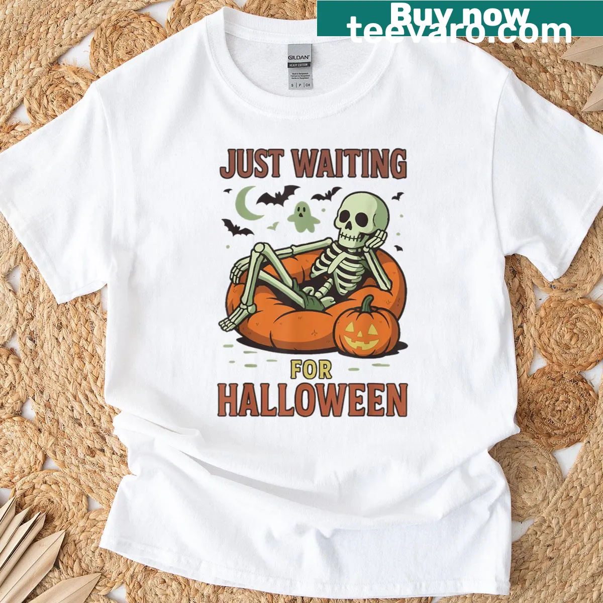Funny skeleton graphic waiting for Halloween — on a men's t-shirt