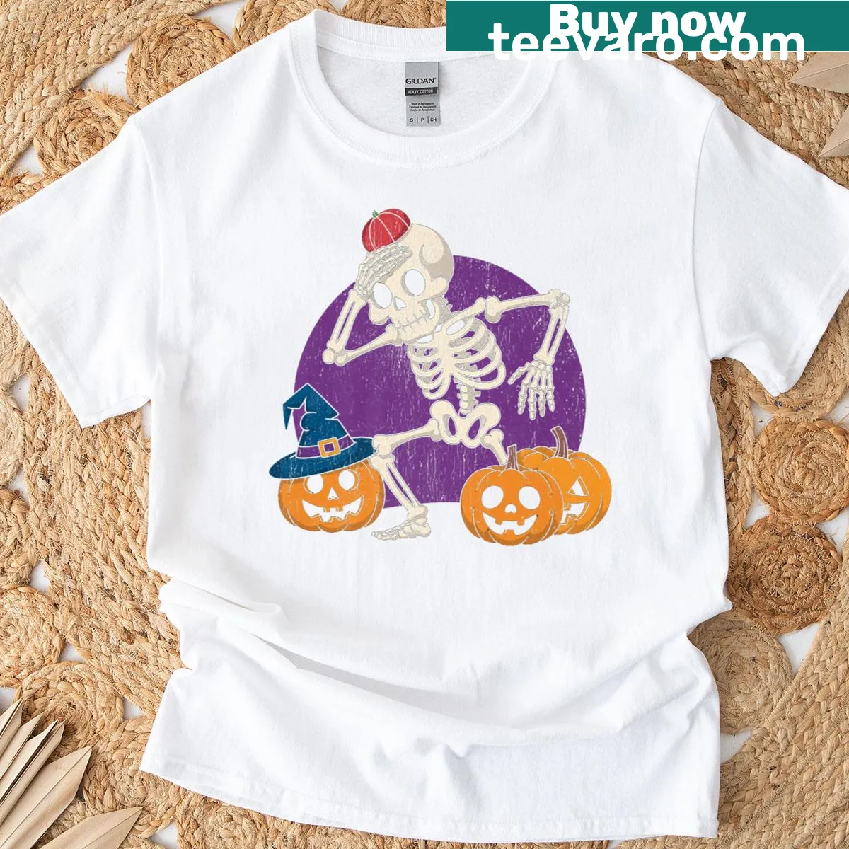 Funny Halloween T-shirt with a skeleton and pumpkins — on a men's t-shirt