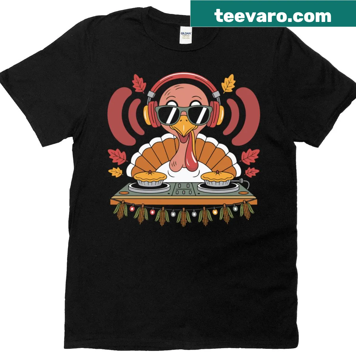 DJ turkey with pumpkin pies graphic t-shirt — on a men's t-shirt