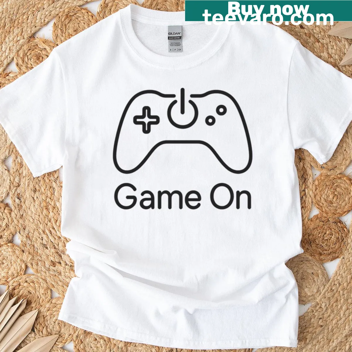 Minimal Gamer badge t-shirt with the phrase Game On — on a men's t-shirt