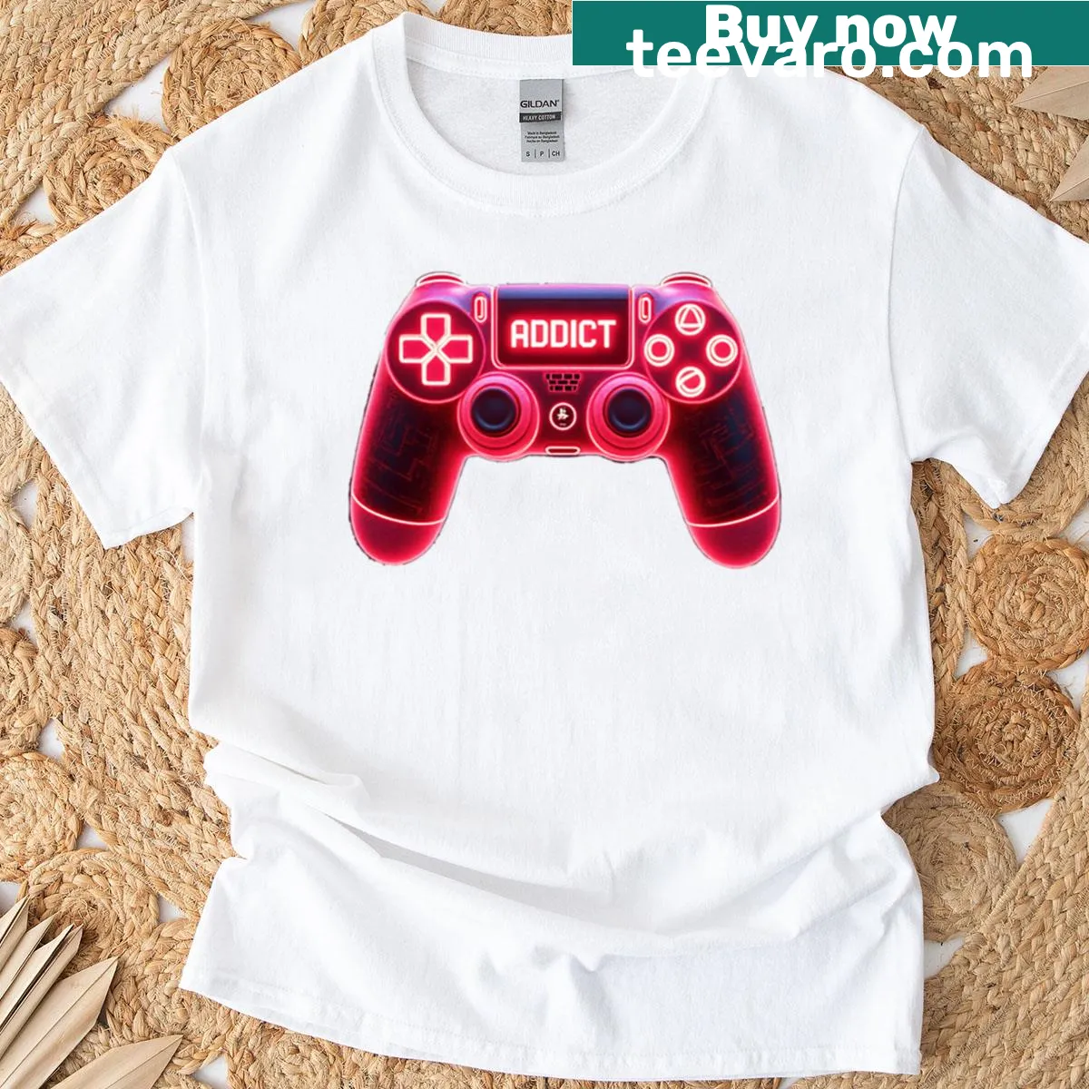 Illustration of a red neon backlit gaming controller on a black T-shirt. — on a men's t-shirt