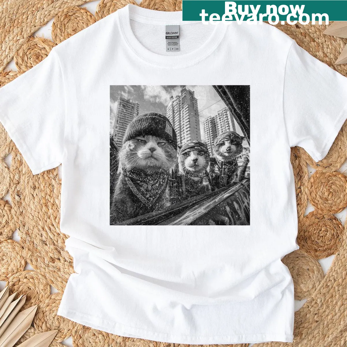 Cartoon gangster cats in a street setting on a T-shirt — on a men's t-shirt