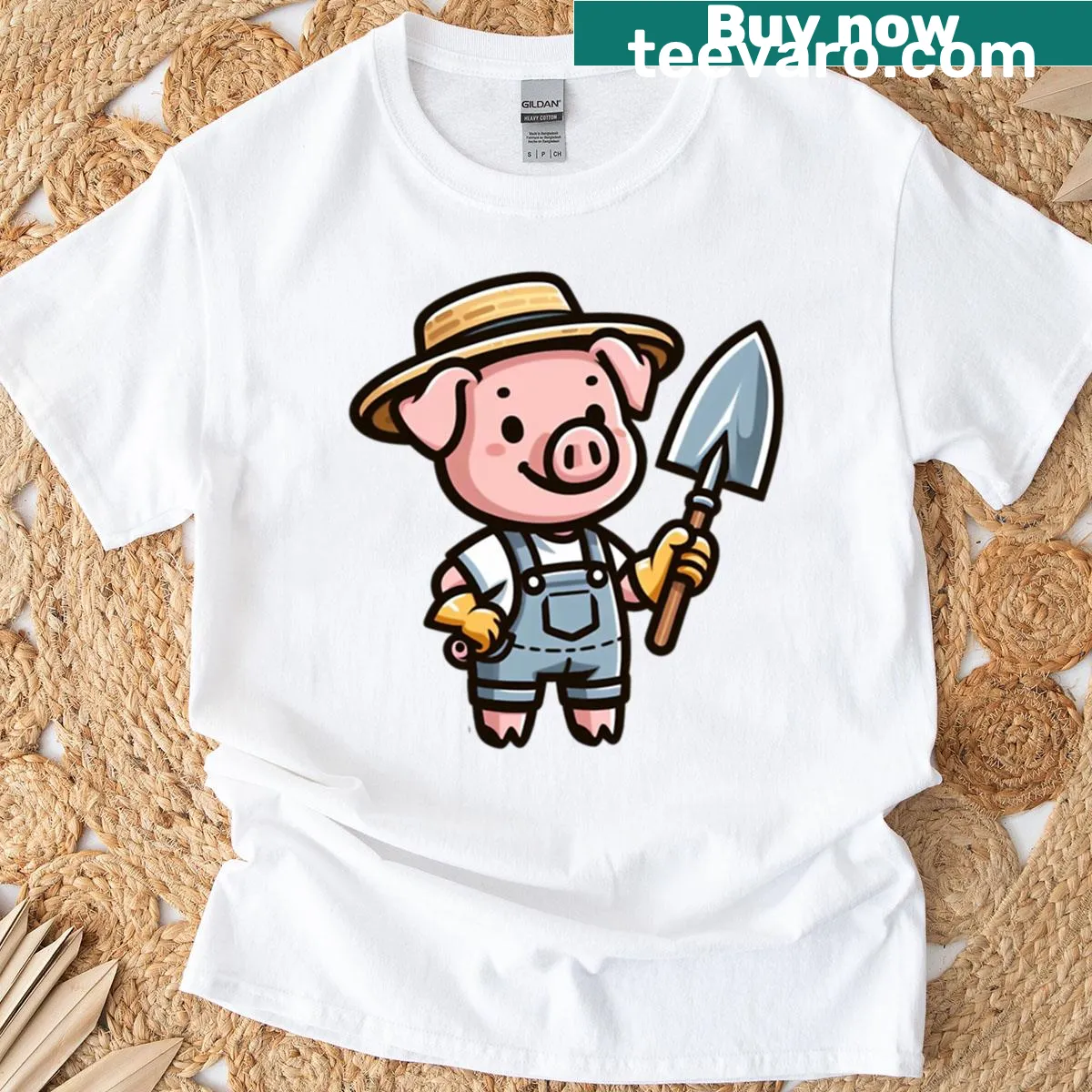 Cute farming t-shirt featuring an illustration of a pig in a garden — on a men's t-shirt