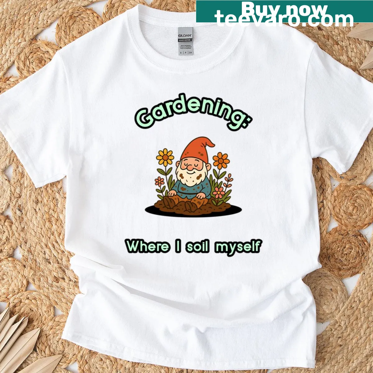 Humorous gardening T-shirt with the phrase 'Gardening Where I Soil Myself' — on a men's t-shirt