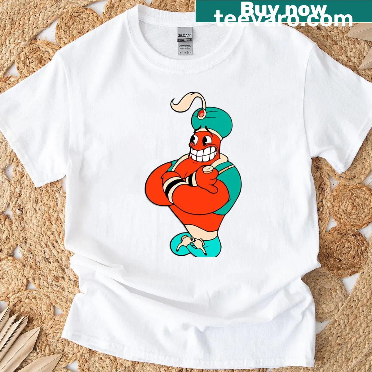 Oversized T-shirt featuring a whimsical genie illustration. — on a men's t-shirt