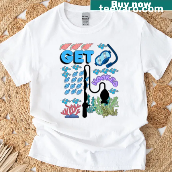 Playful fishing-themed T-shirt with the phrase 'Get Hooked.'