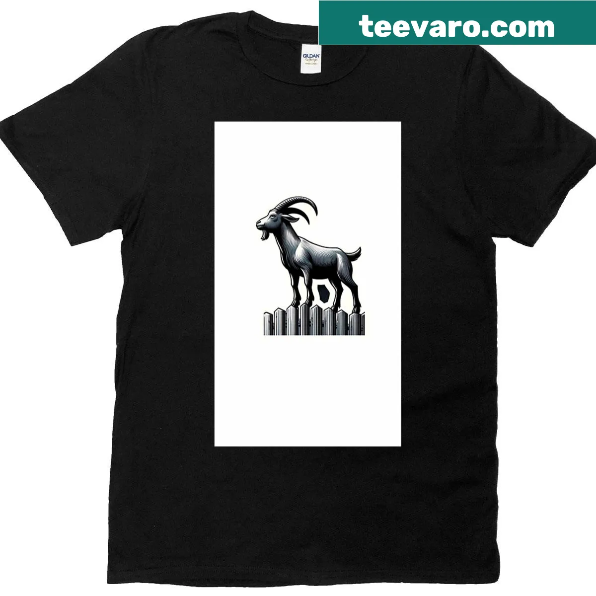 Cartoon illustration of a goat standing on a fence — on a men's t-shirt