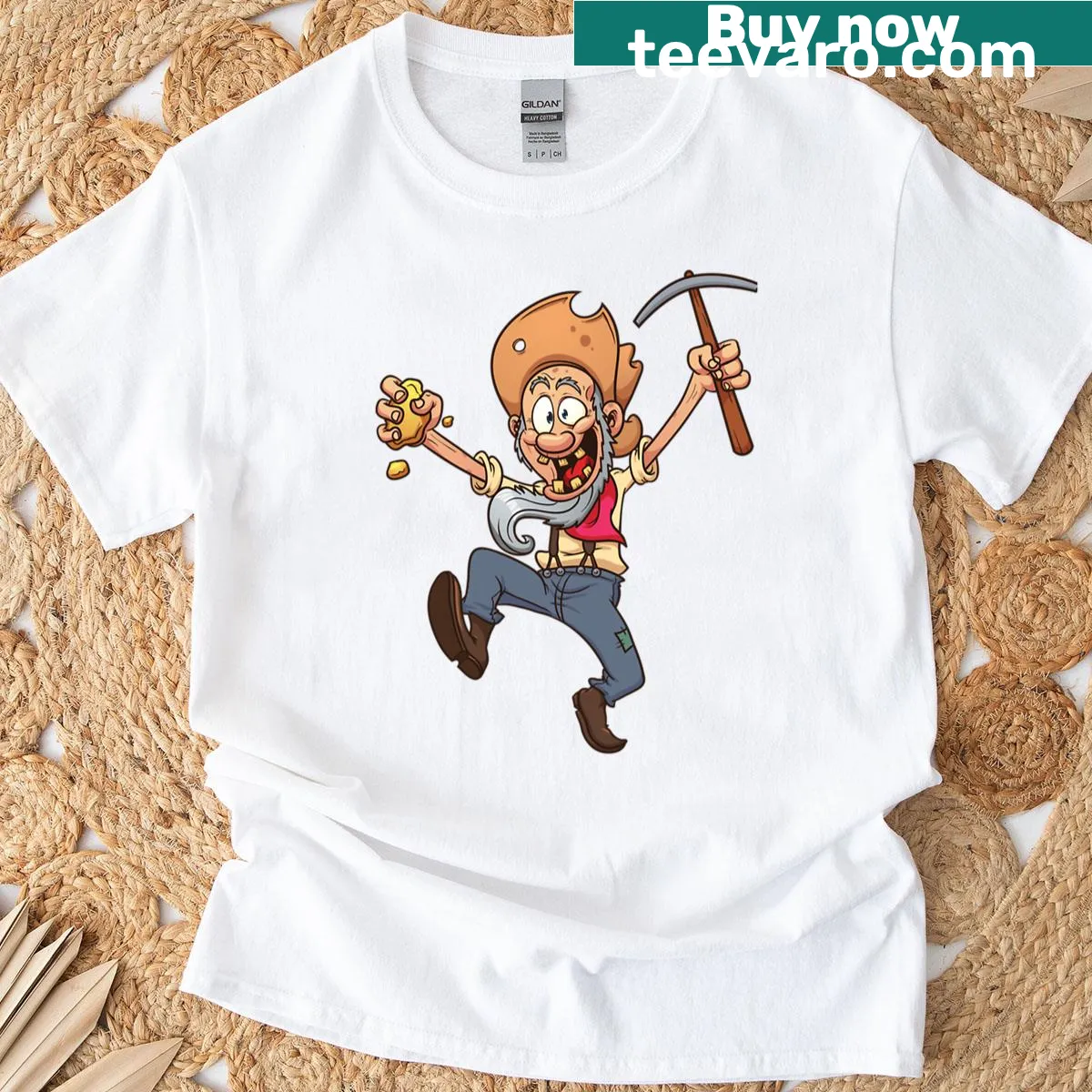 Cartoon gold miner prospector with humorous design for mining enthusiasts. — on a men's t-shirt