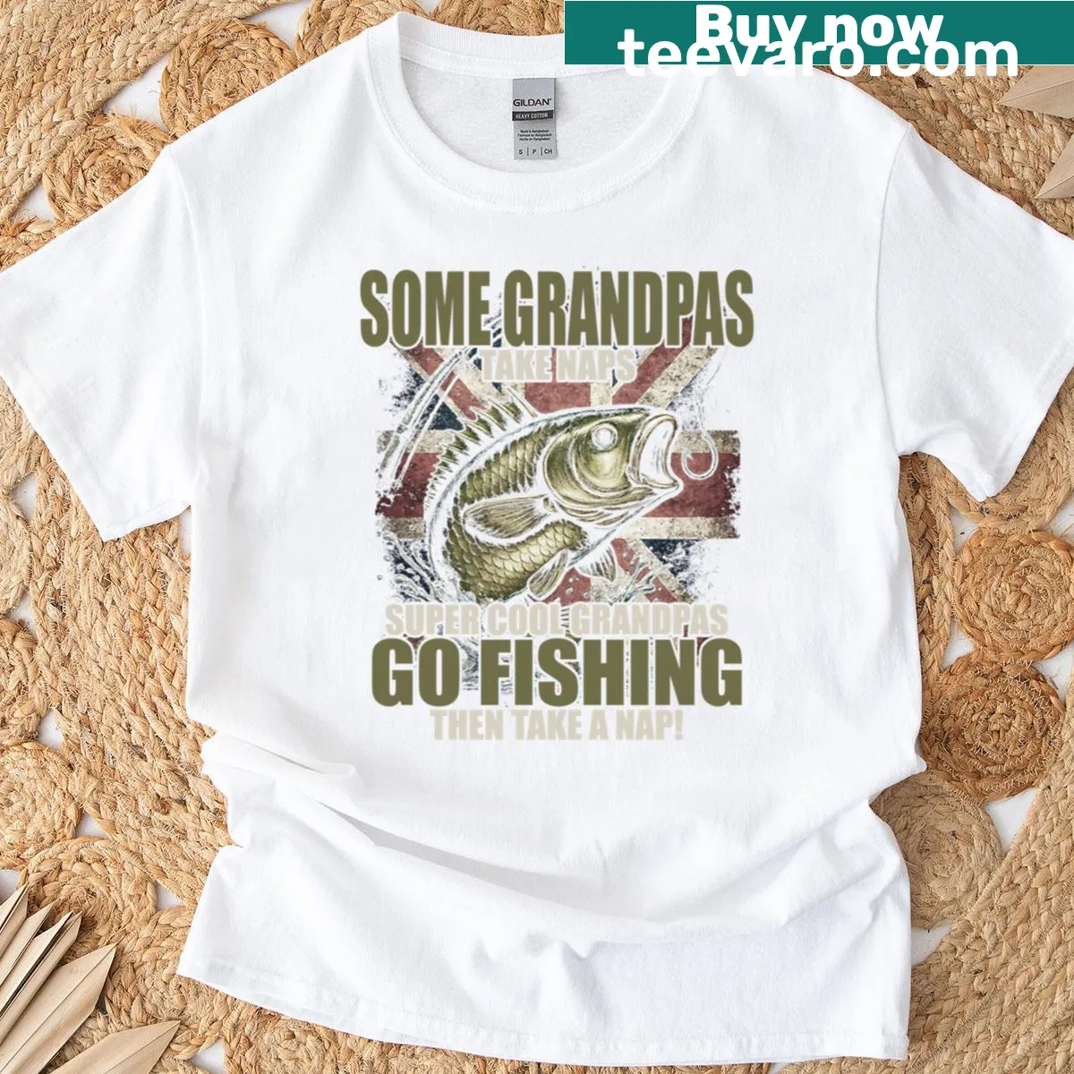 Illustrative T-shirt for grandpas featuring fishing gear and serene waters. — on a men's t-shirt