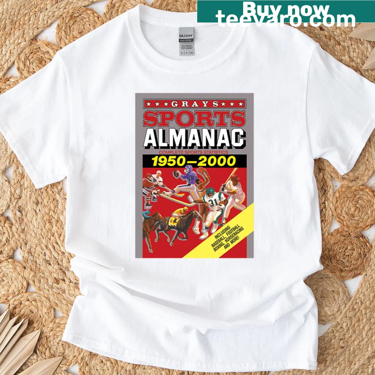 Grays Sports Almanac sports statistics T-shirt design. — on a men's t-shirt