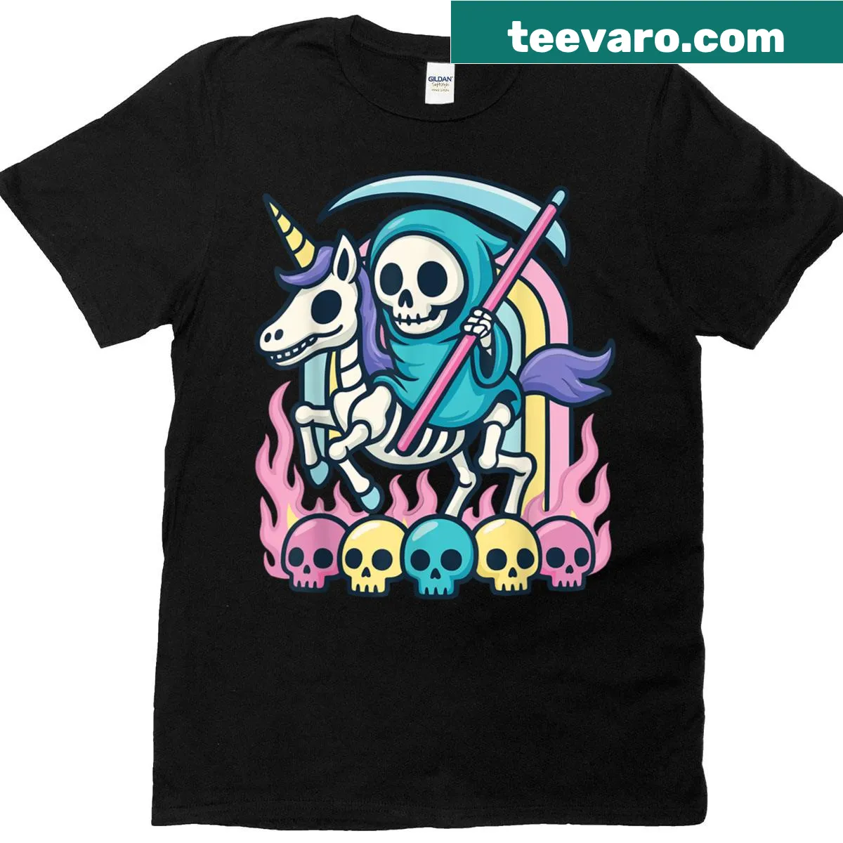 Imaginative t-shirt with a Grim Reaper riding a skeleton unicorn. — on a men's t-shirt