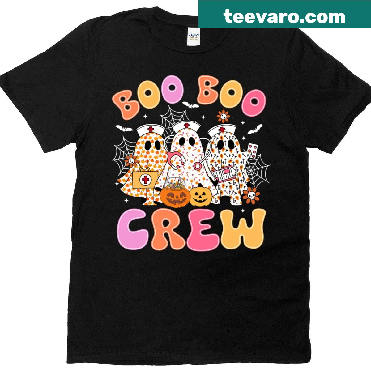 Funny ghost graphic with 'Boo Boo Crew' text on a t-shirt — on a men's t-shirt