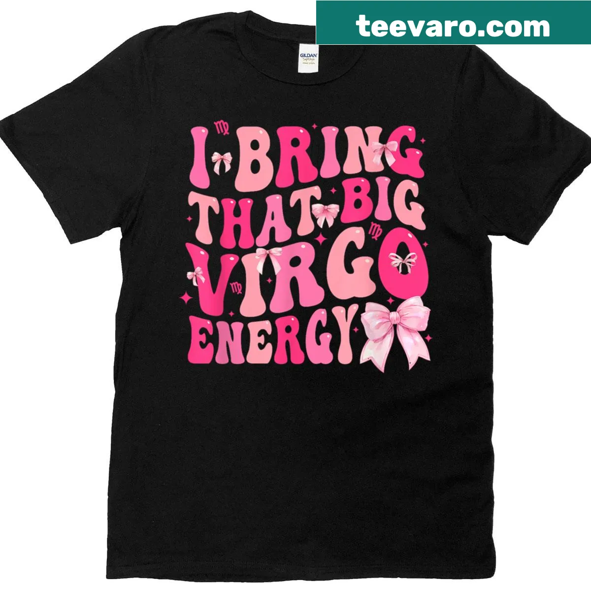 Retro Virgo energy T-shirt with coquette bow design — on a men's t-shirt