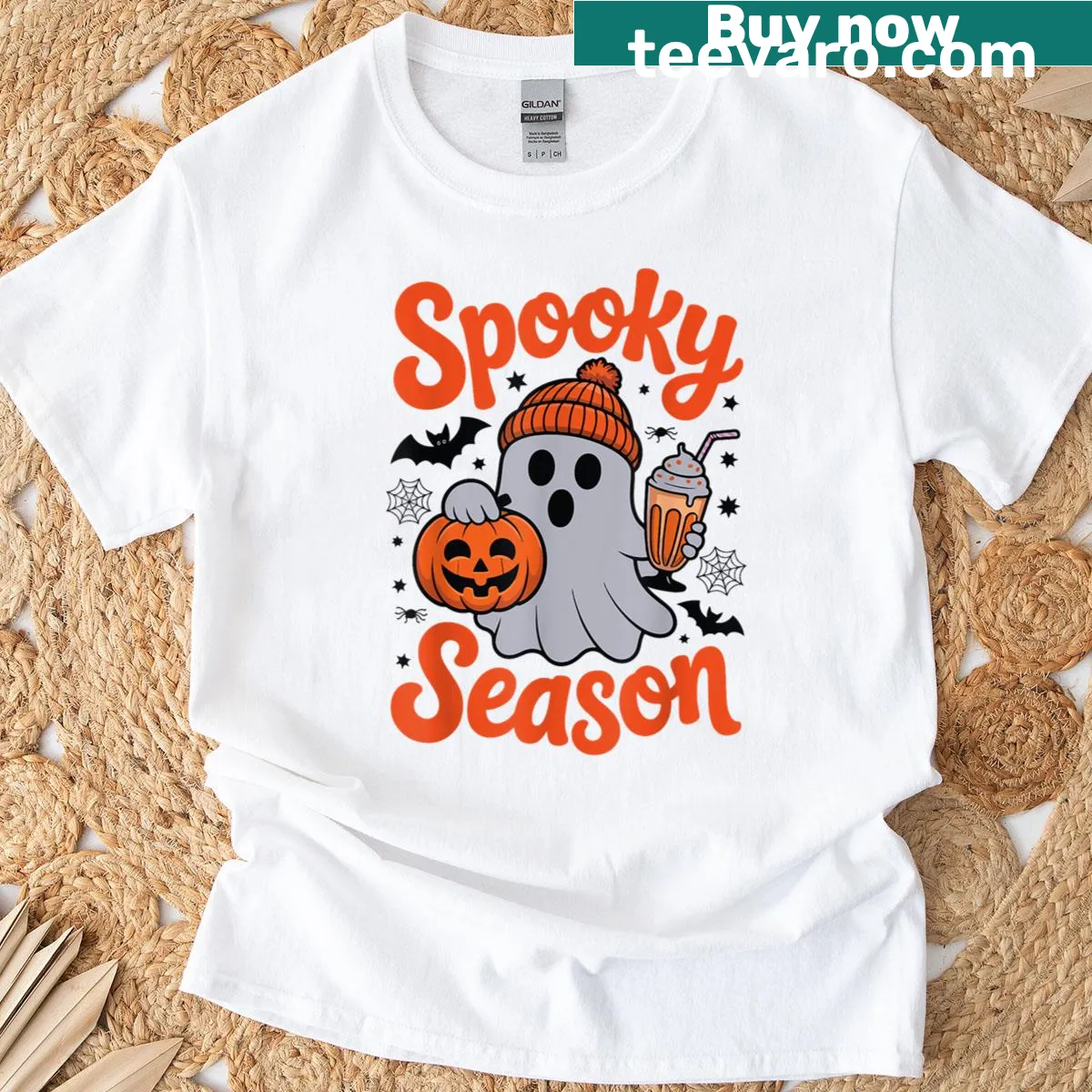 Retro Halloween T-shirt with ghost and pumpkin design — on a men's t-shirt