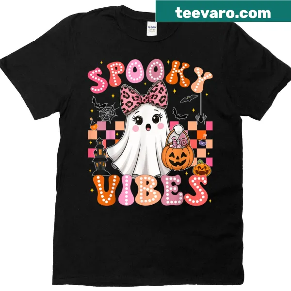 Cute ghost illustration with groovy vibes for Halloween on a girls t-shirt