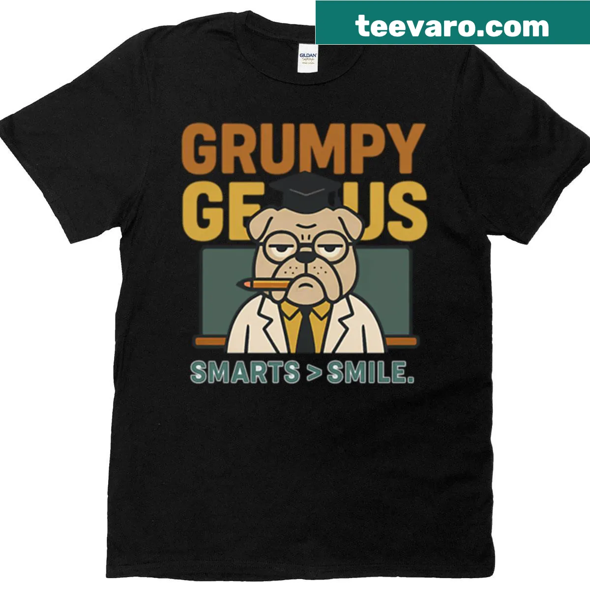 Grumpy Genius text t-shirt with humorous typography — on a men's t-shirt