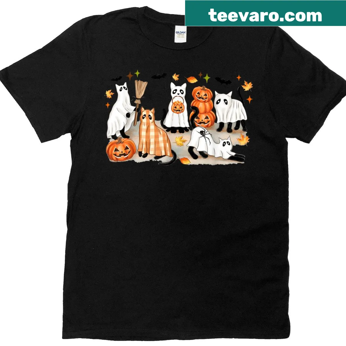 Halloween themed shirt featuring black cat, ghost, and pumpkin — on a men's t-shirt