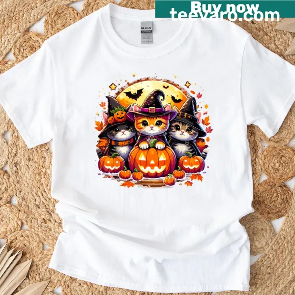 Cute Halloween t-shirt featuring a cat inside a pumpkin