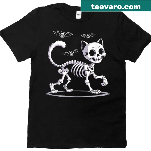 Skeleton cat graphic for Halloween on a t-shirt