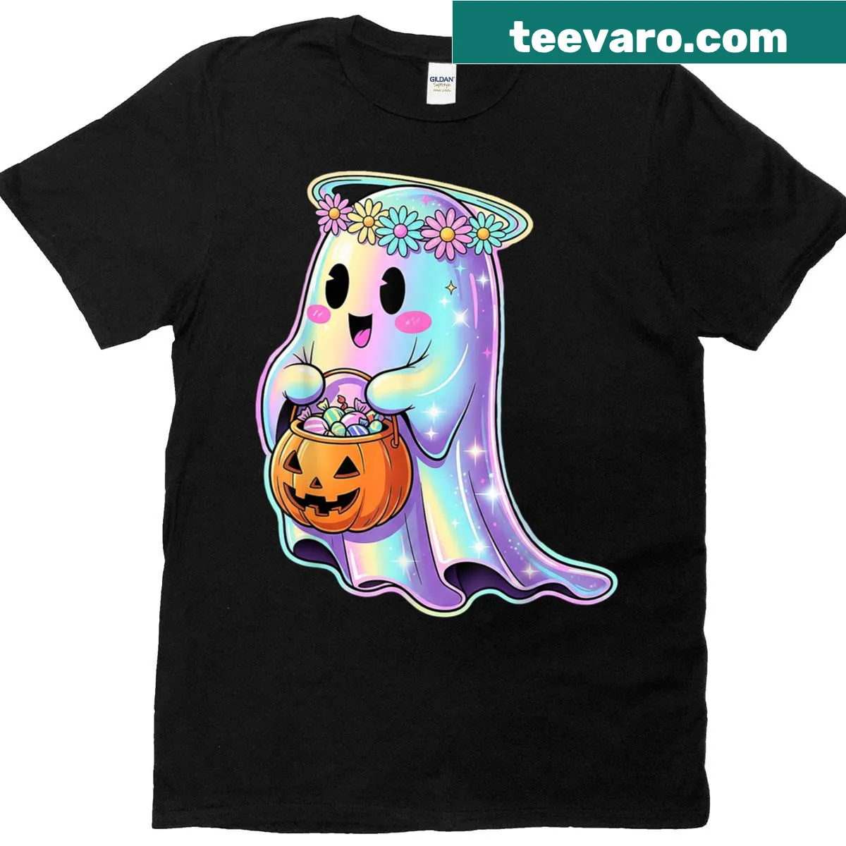 Playful Halloween T-shirt featuring a ghost, pumpkin, and candy design. — on a men's t-shirt