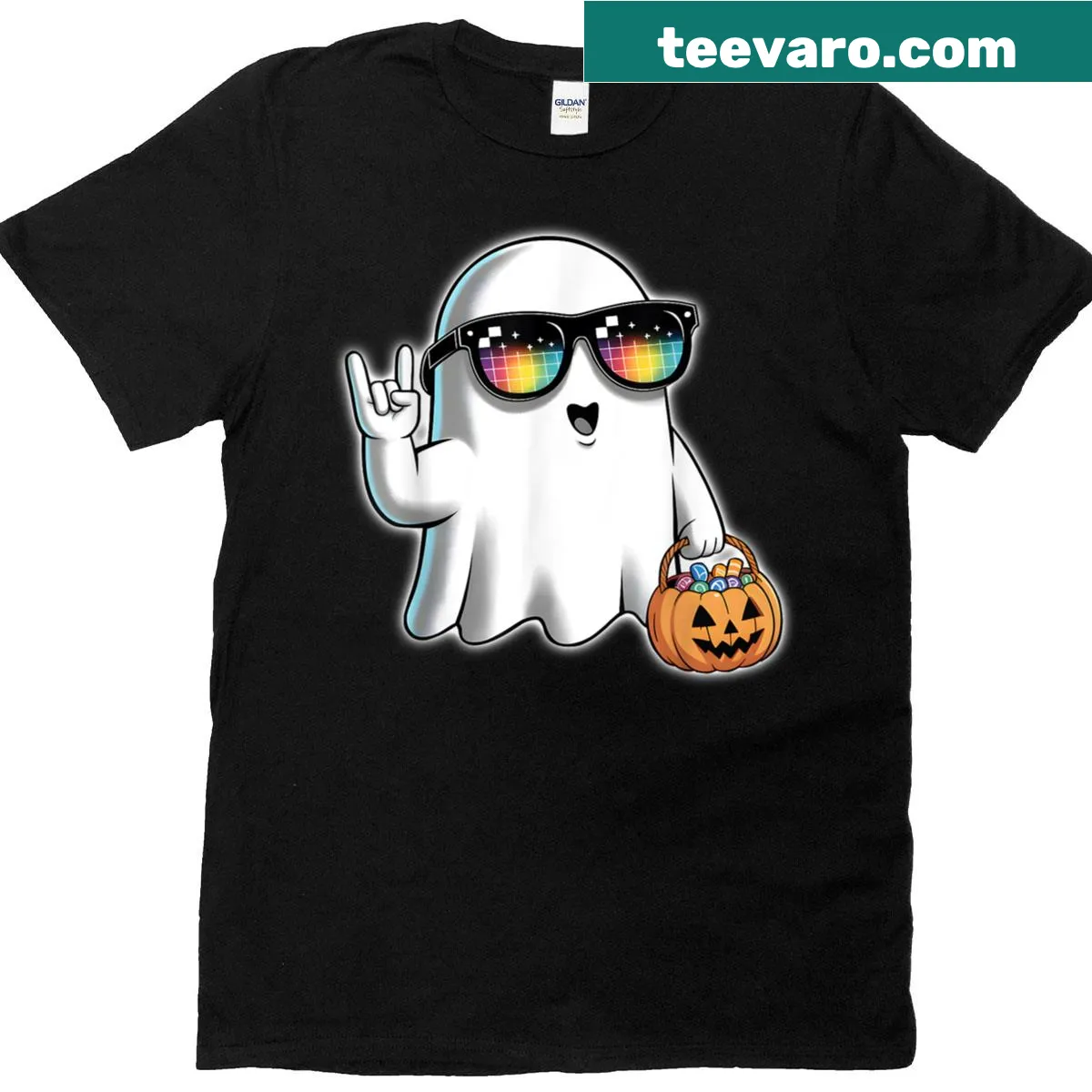 Funny Halloween T-shirt featuring a rockin' ghost and pumpkin — on a men's t-shirt
