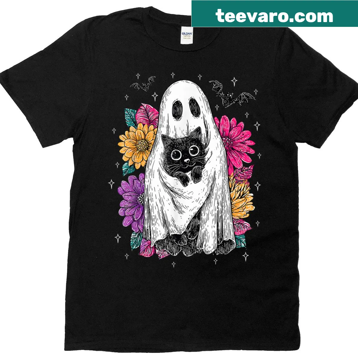 Funny Halloween T-shirt with ghost and black cat design — on a men's t-shirt