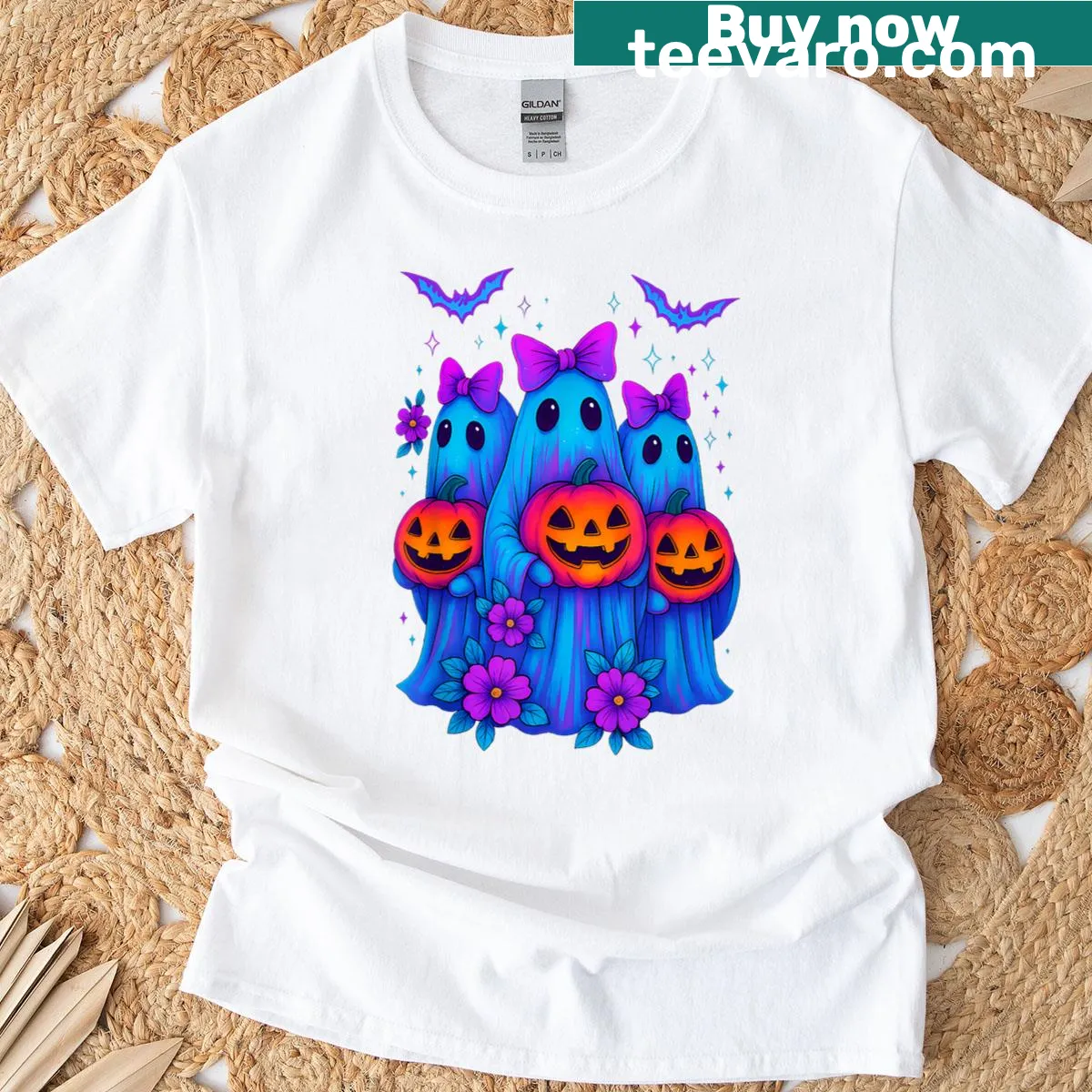 Cute Halloween t-shirt with a ghost and pumpkin design — on a men's t-shirt