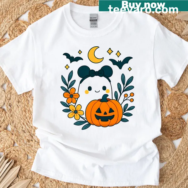 Whimsical ghost graphic on a Halloween-themed T-shirt
