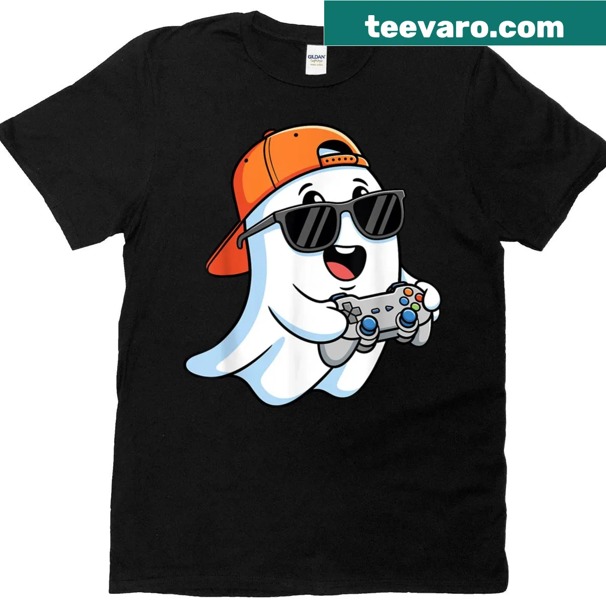 Funny t-shirt featuring a ghost character with gaming gear for Halloween — on a men's t-shirt