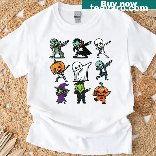Kids Halloween t-shirt with a ghost, pumpkin, and skeleton dab design