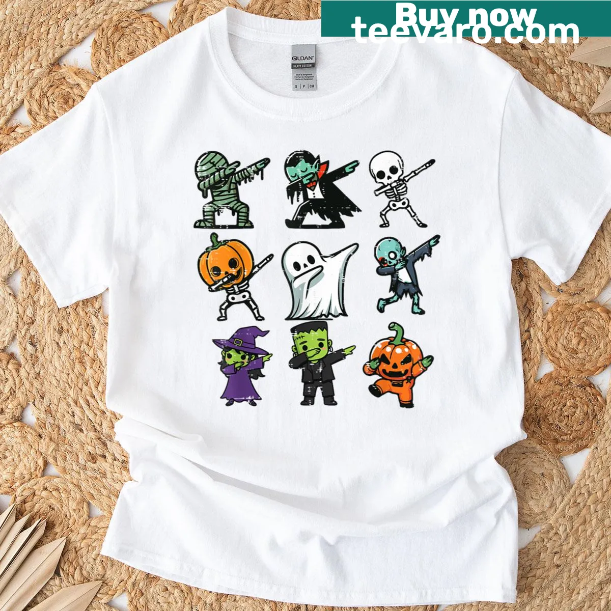 Kids Halloween t-shirt with a ghost, pumpkin, and skeleton dab design — on a men's t-shirt
